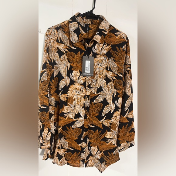 PLT Black Palm Leaf Print Beach Shirt - Picture 2 of 5